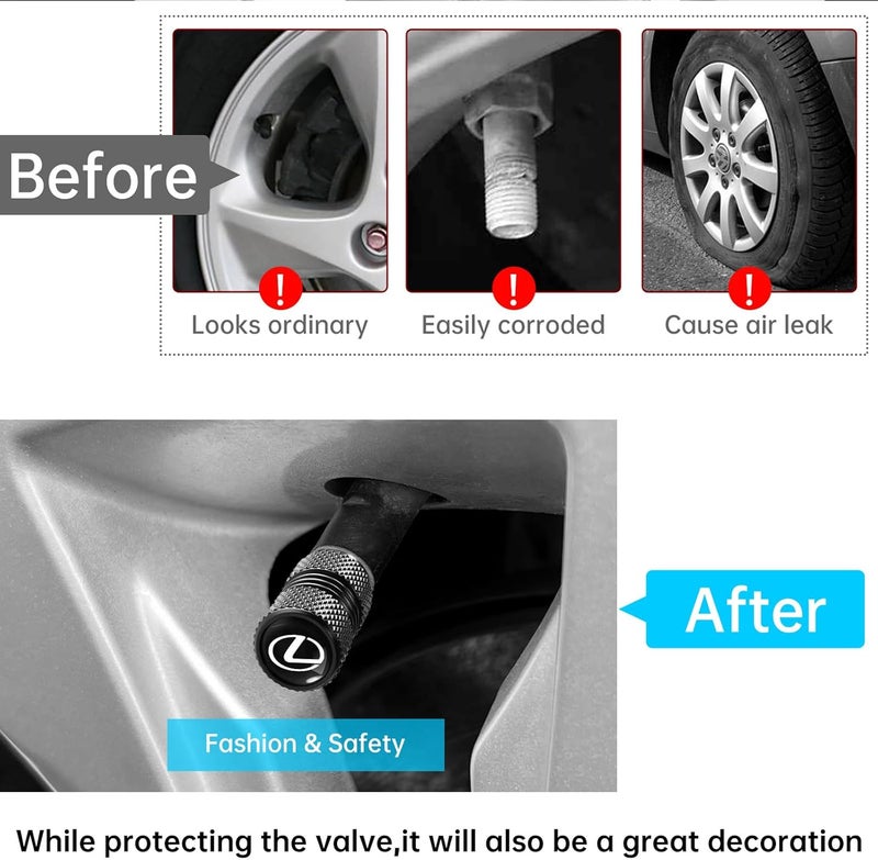 XIGRALUCK Tire Valve Stem Cap for Lexus Metal Tire Stem Cover with Belt O-Ring Air caps Sports Accessories 4 Pieces (Black) - Image 4